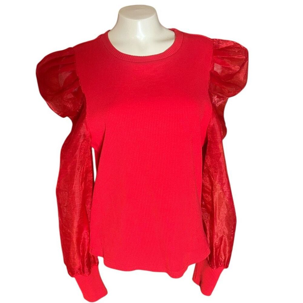 Anthropologie Dolan Red Puffy Sleeve Sheer Sleeve Ribbed Sweater Sz L